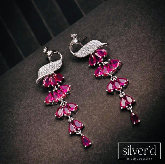 Pink peacock plumage earrings